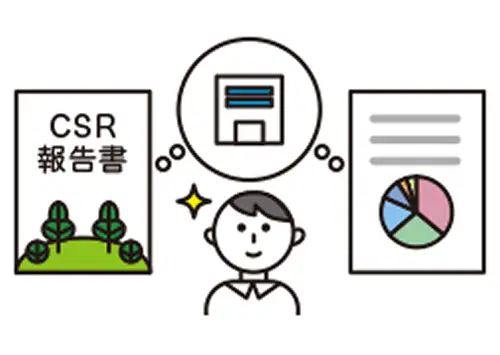 【イラスト】CSR報告書やグラフ等の資料を前に満足げな表情の人物