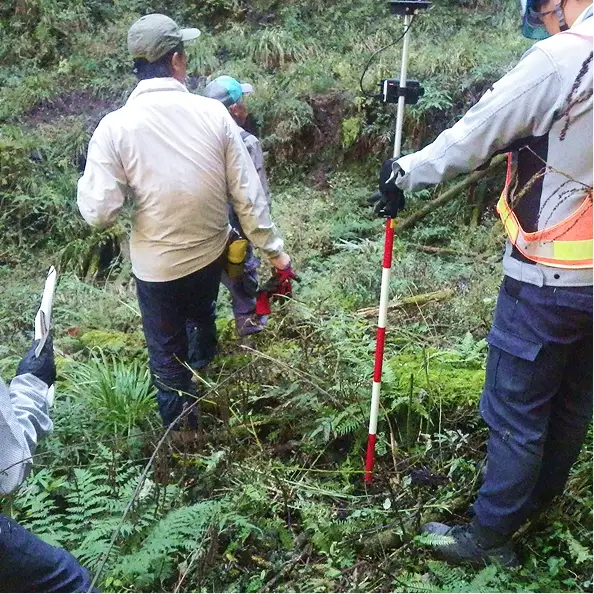 森林所有者サポート：森林の境界を明確にするため、測量ポールを使って山林内で現地調査や測量を行っている様子