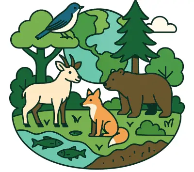 野生生物の保護や遺伝資源の保全など、森が多様な生き物を育んでいる様子を描いたイラスト