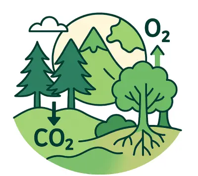 二酸化炭素を吸収して地球温暖化を防止し、地球環境を守っている様子を描いたイラスト