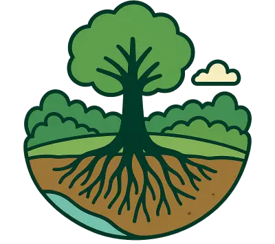 木の根が土を支えて山崩れや土砂の流出を防ぎ、土壌を守っている様子を描いたイラスト