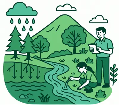 森が雨水を蓄えて洪水を緩和し、水をきれいに浄化している様子を描いたイラスト