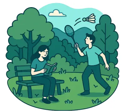 森の中でリフレッシュしたり、スポーツやレクリエーションを楽しんでいる人々のイラスト