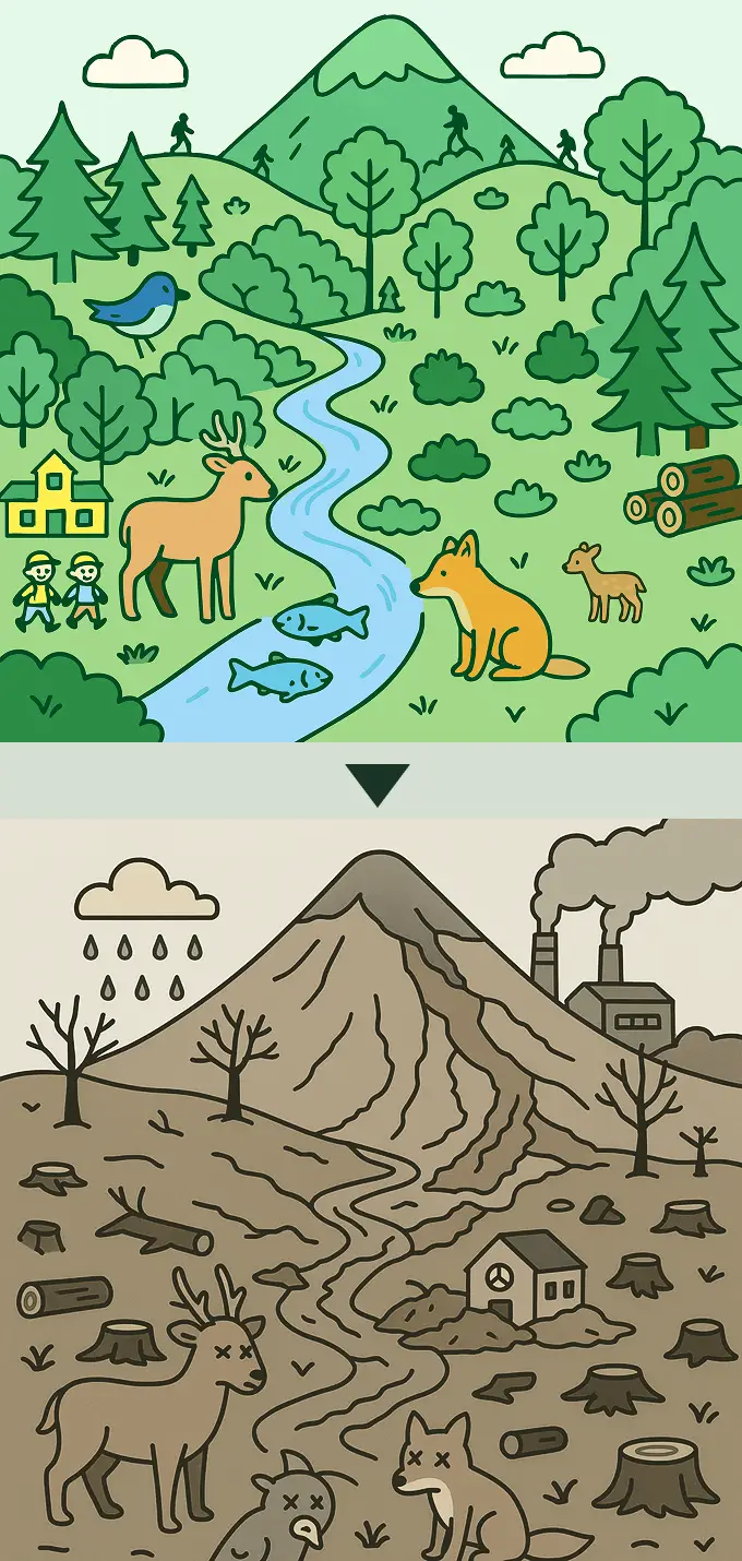 【イラスト図解】整備された豊かな森林と、手入れ不足で荒廃した森林の比較。土砂災害のリスクや環境保全機能の違いを表現。