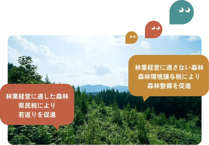 県民税は「林業経営に適した森林」の若返りを、譲与税は「林業経営に適さない森林」の整備を促進するという役割分担。